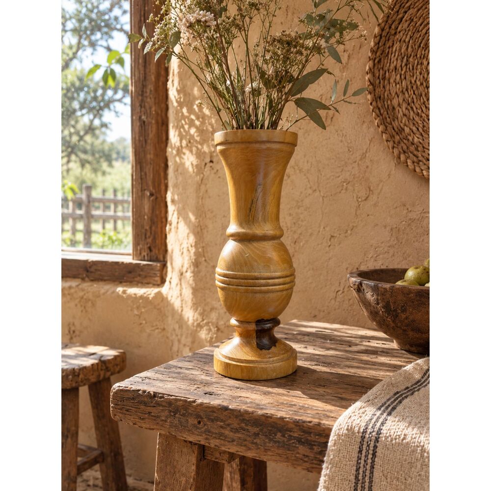 Vintage heavy Turned Wood Bud Vase 9.5" Two Tone Handcrafted Boho Rustic Decor